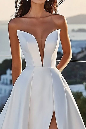 Simple Ivory Satin Sweep Train Ball Gown Strapless Wedding Dress with Slit